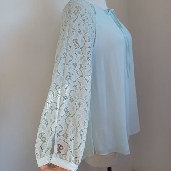 Haute Hippie Tribe Top Woven Chiffon Lace Sleeves Tie Neckline Womens XS - Picture 4 of 16